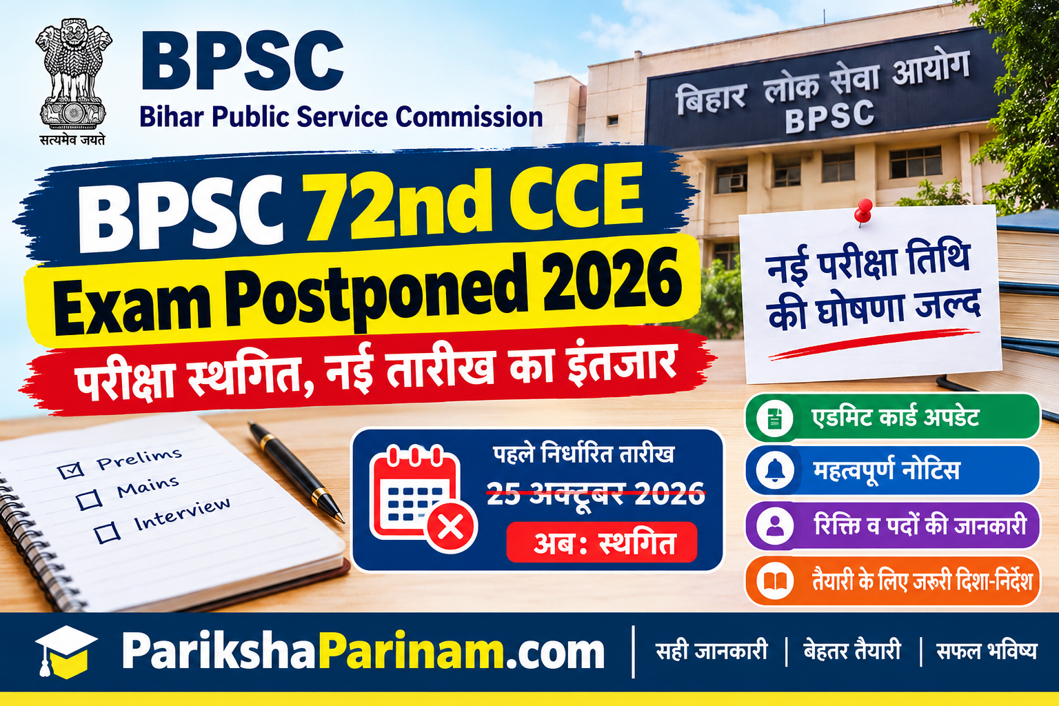 BPSC 72nd CCE Exam Postponed 2026 New Exam Date Update