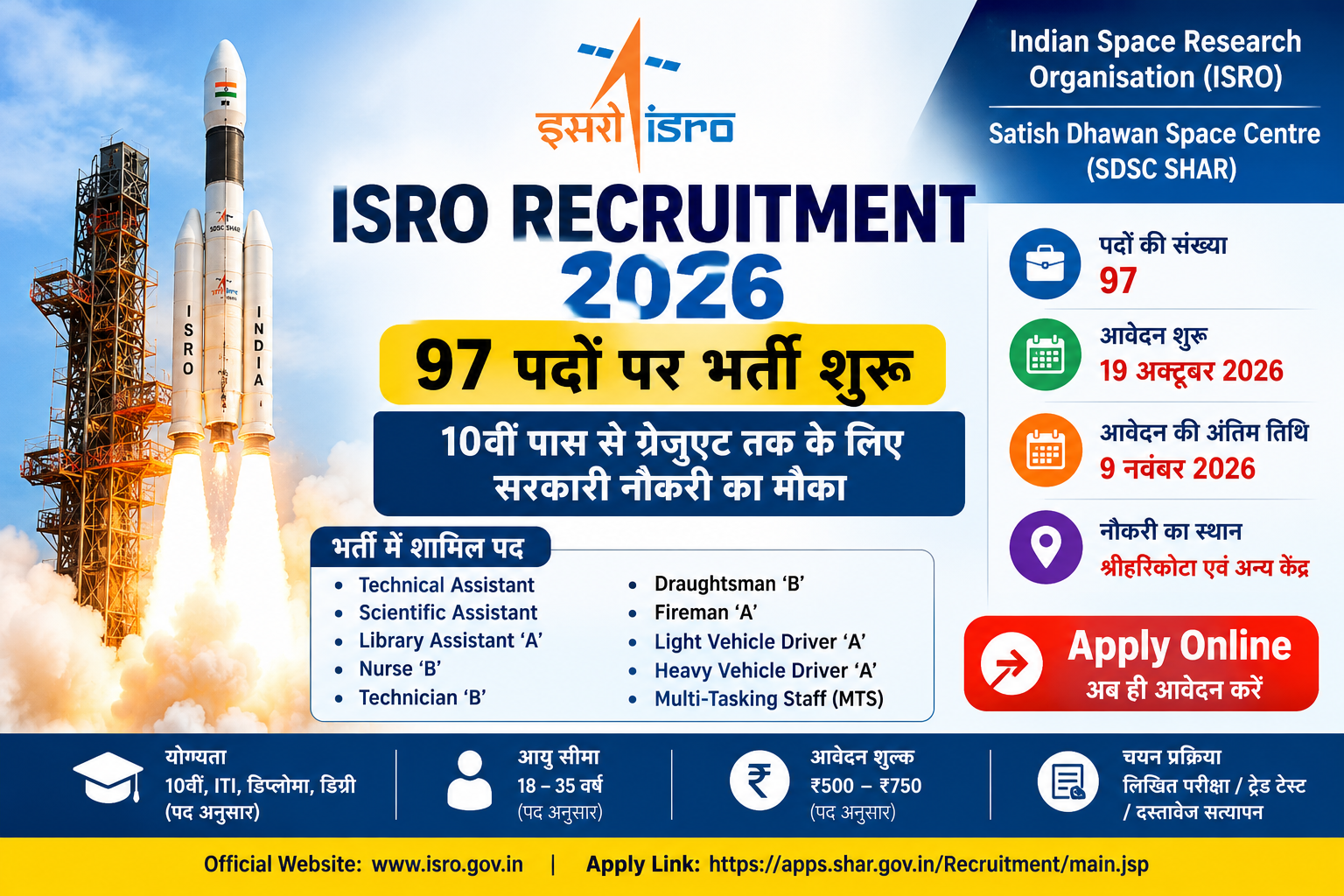 ISRO Recruitment 2026 – 97 पदों पर भर्ती, ऑनलाइन आवेदन और अंतिम तिथि
